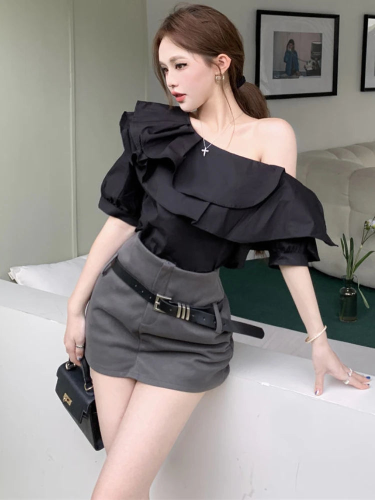 One Shoulder Blouses Women 5 Colors Elegant Ruffles Chic Irregular Summer Fashion Streetwear Ins Minimalist Office Lady Casual