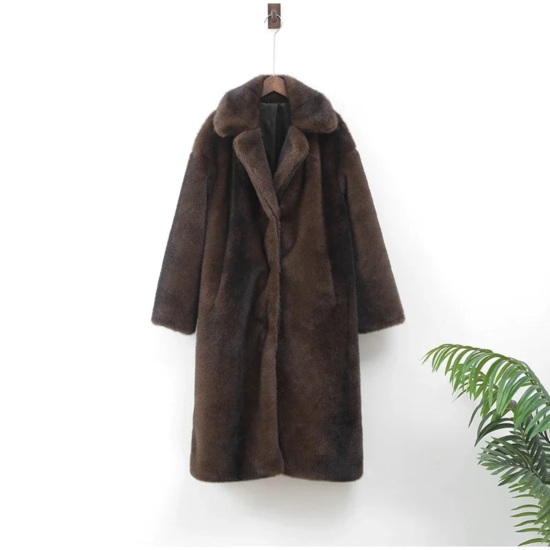 Women's Dark Brown Faux Fur Long Overcoat Single Breasted Fleece Long Trench Coat Winter Fluffy Plush Warm New Thicken Outerwear