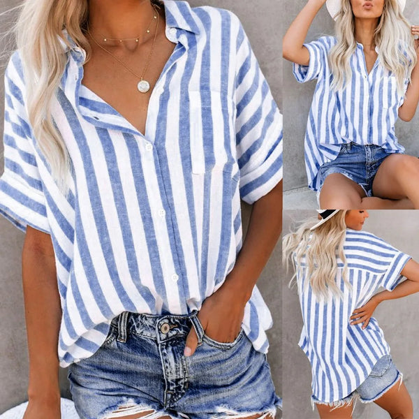 Women Striped Print Cotton Linen Tops Summer Turn Down Collar Long Sleeve Button OL Blouse Shirts 2023 Summer Button Cardigan