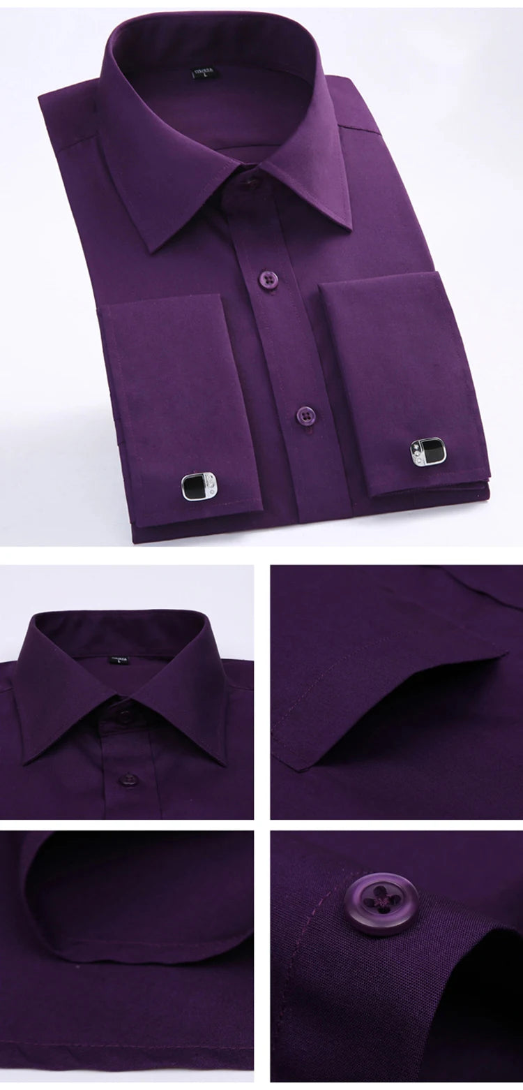 Men's Classic French Cuffs Striped Dress Shirt Single Patch Pocket Standard-fit Long Sleeve Wedding Shirts (Cufflink Included)