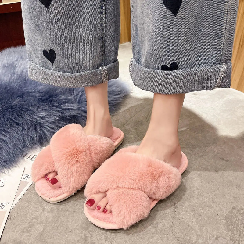 2023 Winter Women Home Indoor Casual Slippers Female Flip Flops Fluffy Shoes Cross Design Slides Ladies Soft Warm Plush Slipper