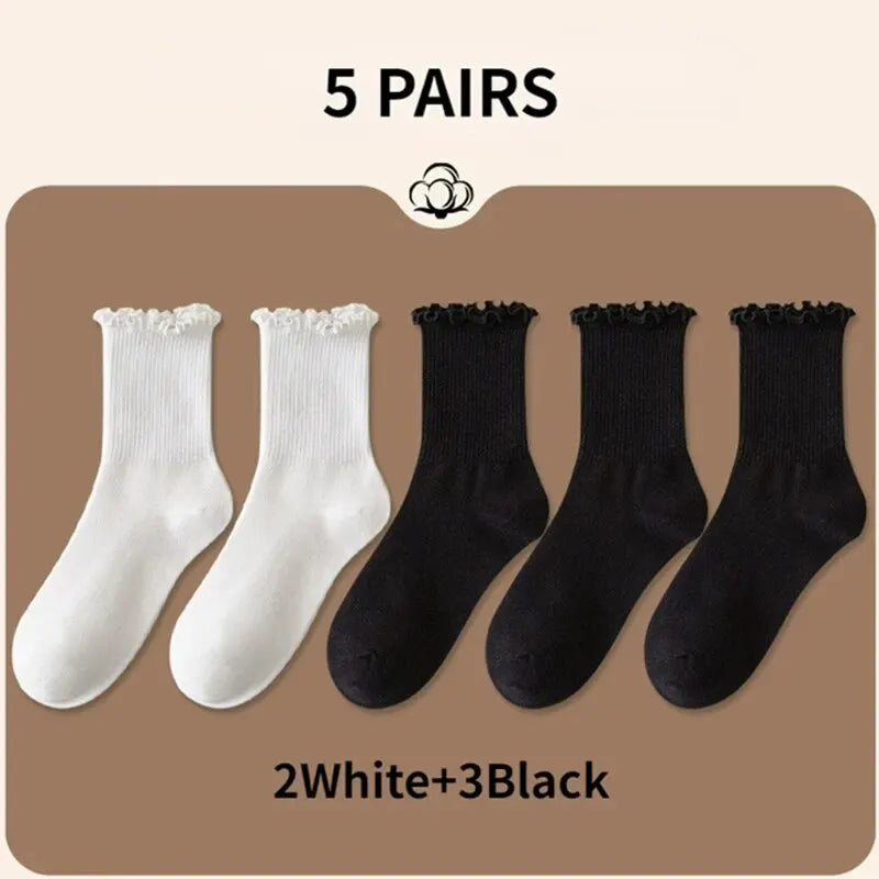5 Pairs /Lot Socks for Women Ruffle Middle Tube Ankle Short Breathable Black White Set Spring Autumn