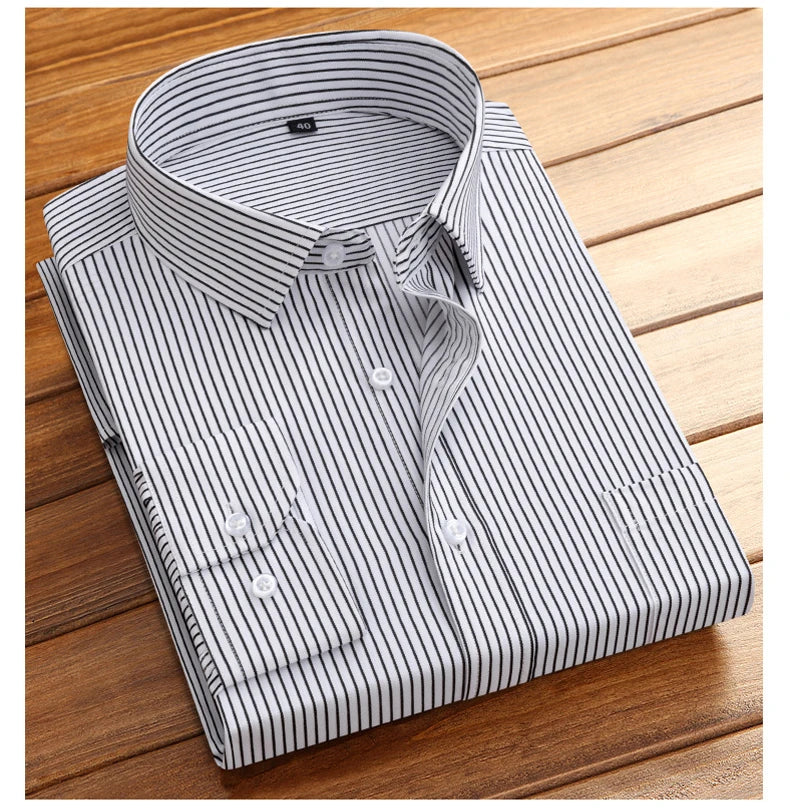 Cotton Men's Classic Long Sleeve Striped Basic Dress Shirts Single Patch Pocket Formal Business Standard-fit Office Social Shirt