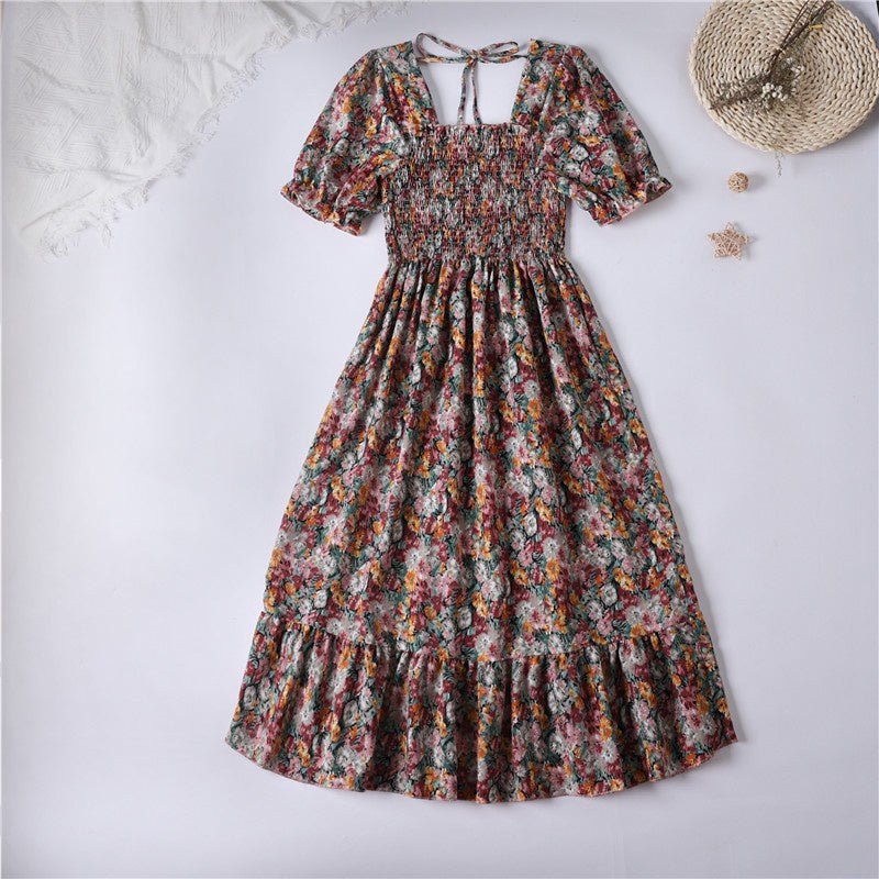 Summer Pleated Women Chiffon Dresses Casual Beach Holiday Short Sleeve Square Collar Woman Midi Dress Bohemian Mujer Vestidos