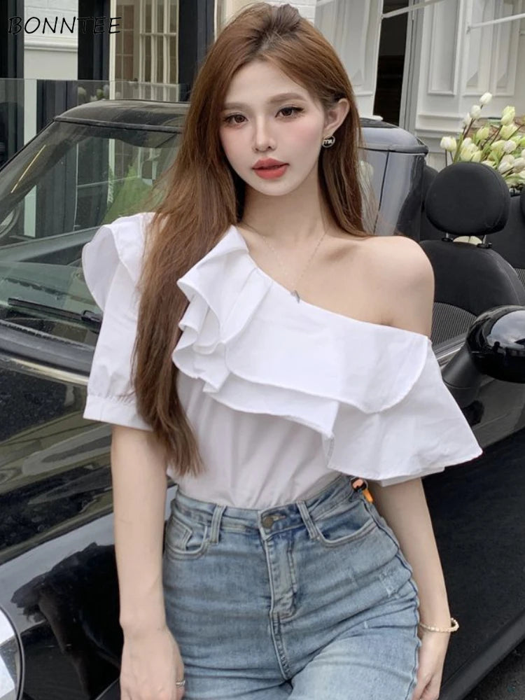 One Shoulder Blouses Women 5 Colors Elegant Ruffles Chic Irregular Summer Fashion Streetwear Ins Minimalist Office Lady Casual