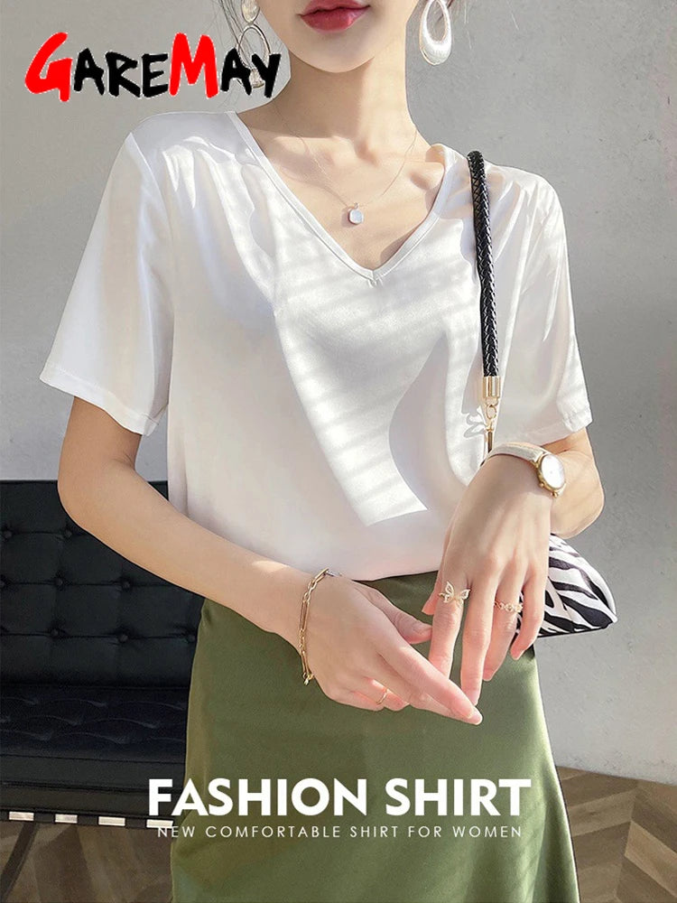 Beautiful Women's Blouses New Summer 2023 Shoort Sleeve V Neck Elegant Silk Satin Shirt Korean Fashion Top Vintage White Shirt