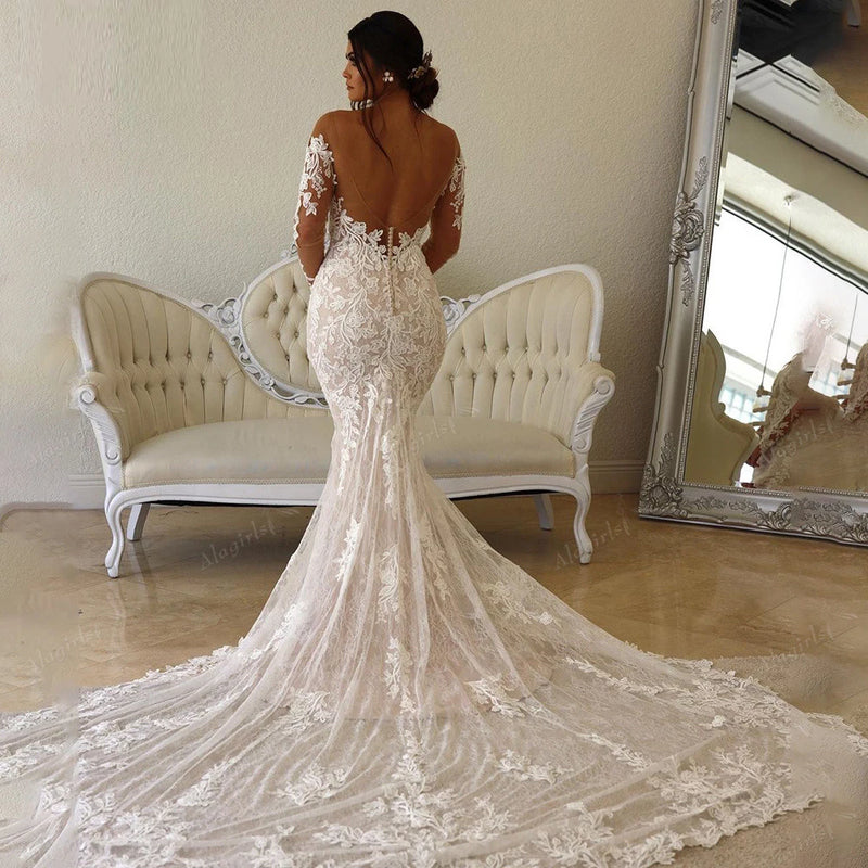 Aviana Long Sleeve Beach Mermaid Wedding Dresses Lace Appliques Sheer O Neck Bridal Dress Illusion Wedding Gowns Robe Mariage