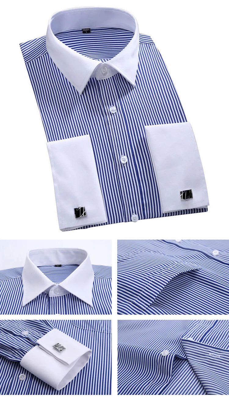 Men's Classic French Cuffs Striped Dress Shirt Single Patch Pocket Standard-fit Long Sleeve Wedding Shirts (Cufflink Included)