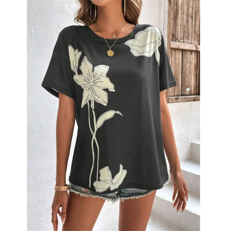 Fashion Flower Print T Shirt For Women Summer Hip Hop Trend Harajuku Streetwear Daily Casual O-neck Short Sleeve Loose T-Shirts