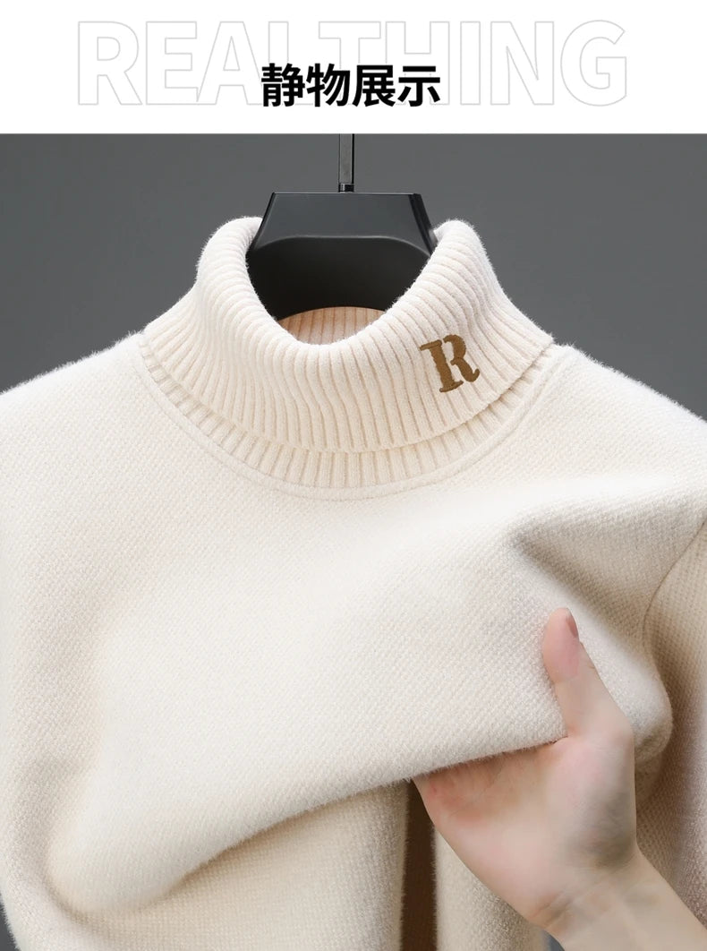 Luxury brand sweater men's high neck designer new trend R embroidery casual Korean top winter plush thick warm knitted pullover