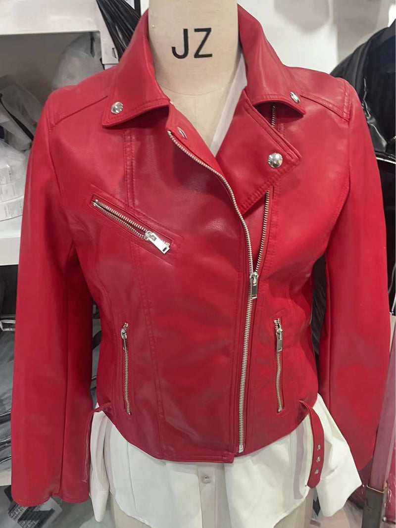 New Arrival Spring Winter Autumn Brand Motorcycle leather jackets Pink leather jacket women leather coat slim PU jacket Red