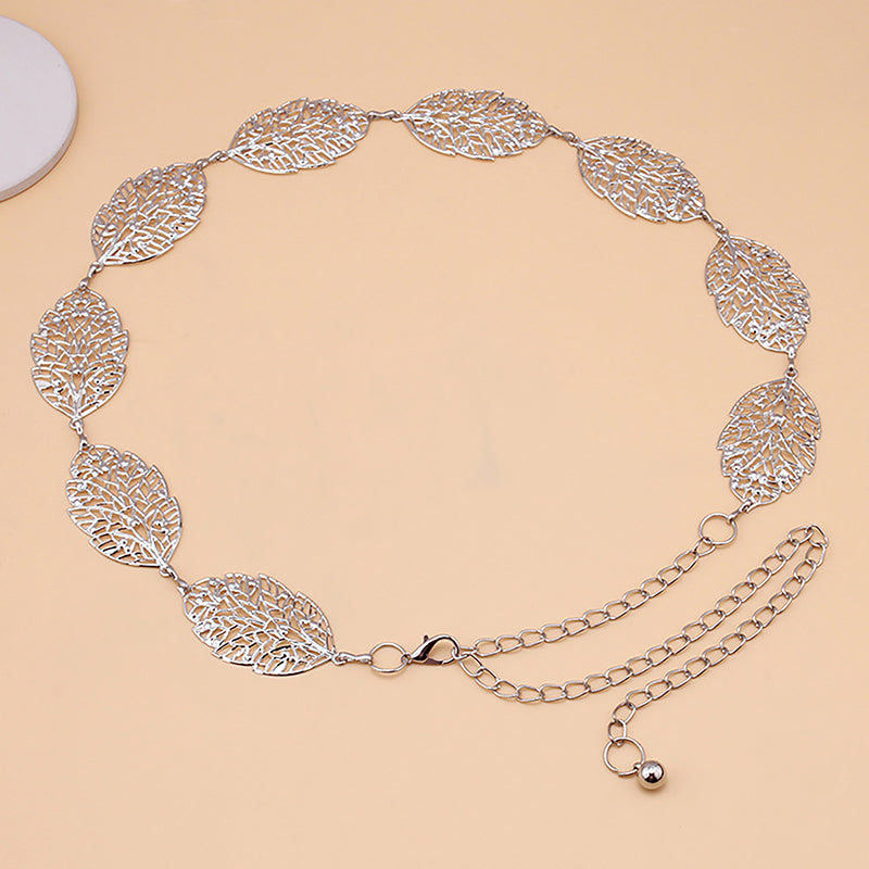 Fashion Simple Openwork Leaf Decorated Chain Belt Thin Waist Chain Ladies Decoration Waistband Dress Metal Jewelry Accessories