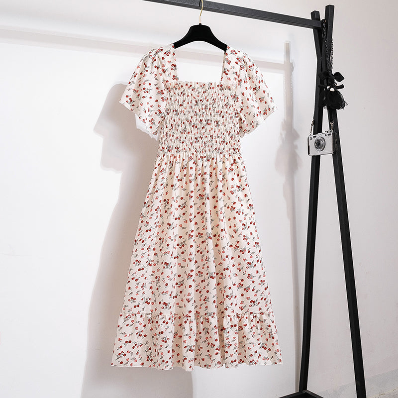 Spring Summer Chiffon Dress Women Midi DressesFemale Short Sleeve Elastic Waist Printed Floral Pleated Backless Casual Dress