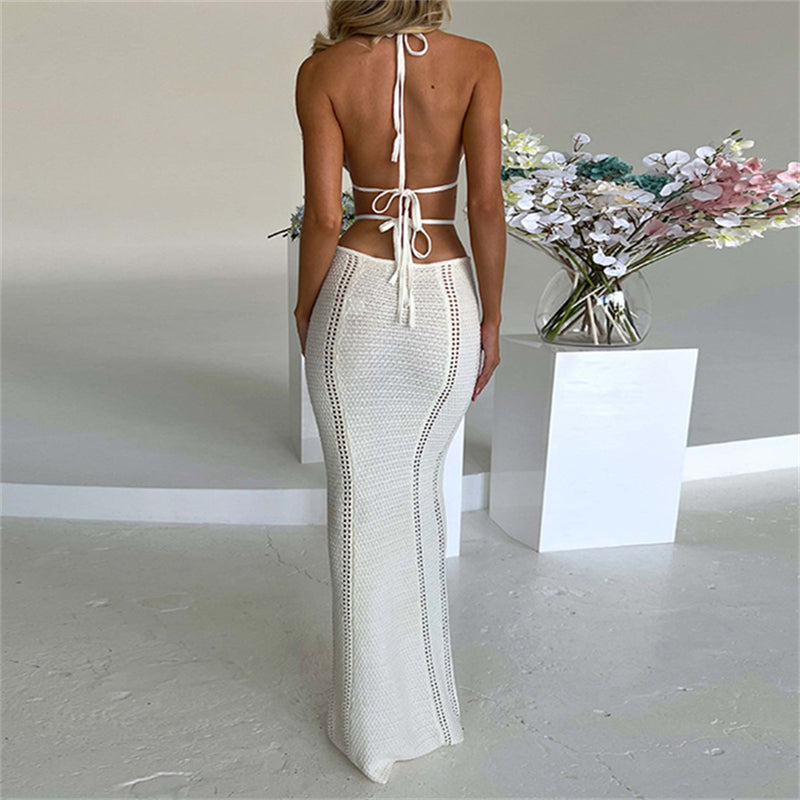 wsevypo Women Halter Tie-up Knit Crochet Beach Dress Sexy Backless Sleeveless Deep V Cutout Waist Wrapped Bodycon Dress Clubwear