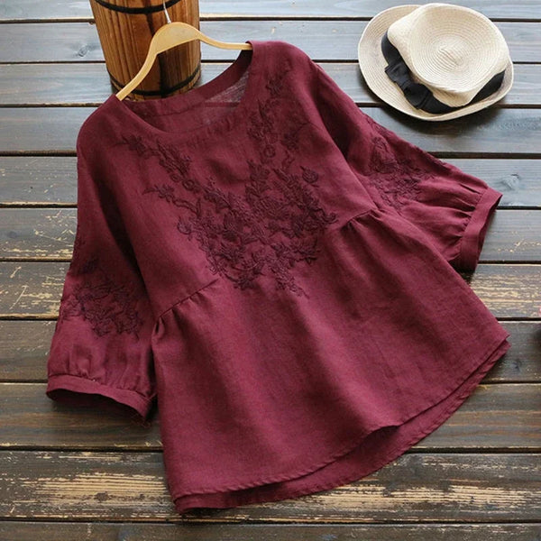 Simple Embroidery Blouse Women   Loose Summer Tops Short Sleeve Solid Color O Neck Bottoming Cotton Tees Ladies Clothes