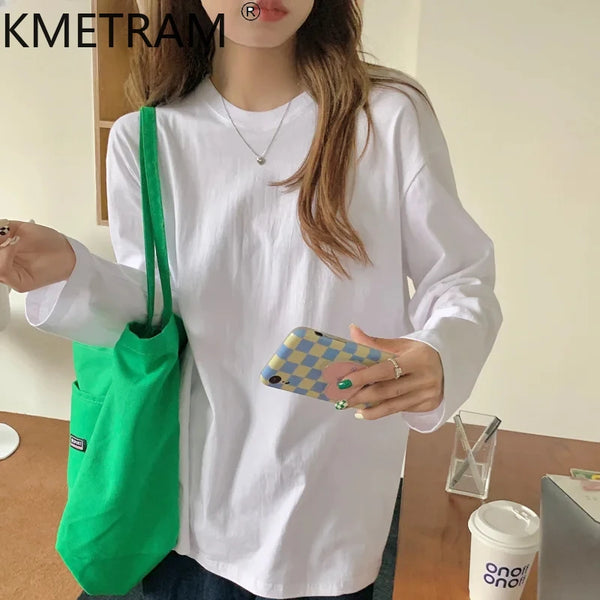 Tajiyane 2024 Spring 100% Cotton Oversized T-shirt Women Clothing New Fashion O-neck Top Female Long Sleeve Tishurt Femme WWY1