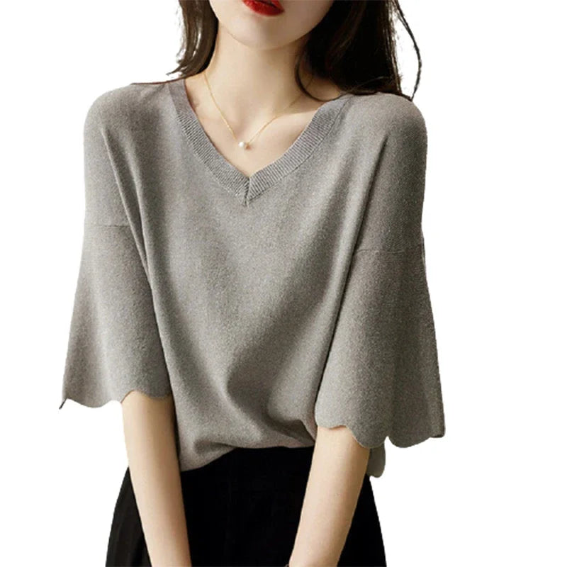 Women's Summer Knitting Shirt Petal Sleeve V-neck Top Loose Short Sleeve Ice Silk Sweater Thin Style Women's Fashion Shirt 14799