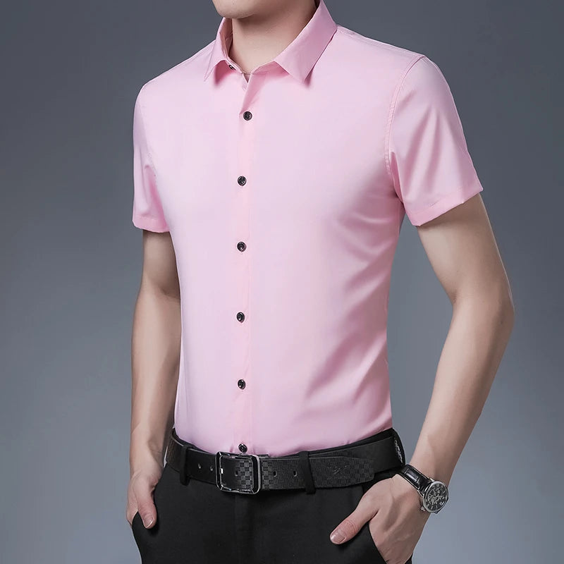 Men's Business Casual Solid Color Short Sleeved Shirt Non Ironing Comfortable Top