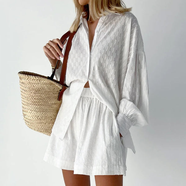 Fashion Long Sleeve Shirt and Shorts Suit 2 Piece Sets Women White Shorts Sets 2023 Summer Hollow Loose Female Outfits 22076