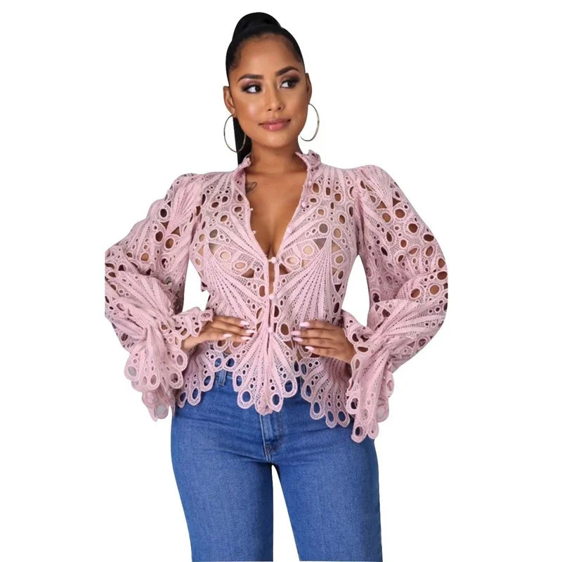 Casual Lantern Long Sleeve Stand Collar Shirts Sexy Lace Hollow Out Short Blouse Female Elegant Red/Pink/White Loose Tops 18939