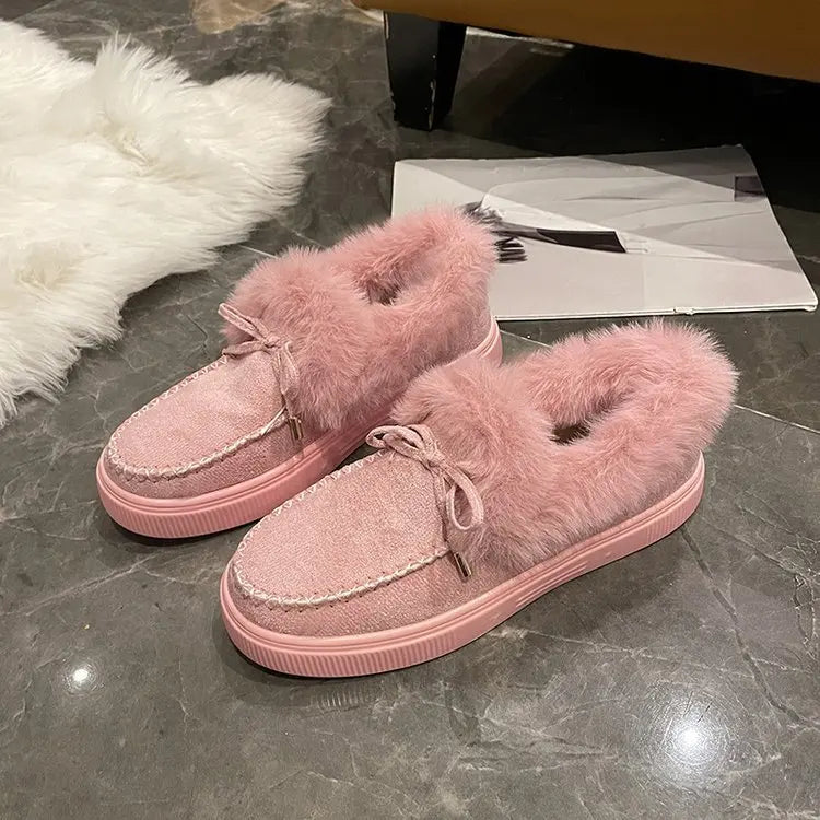 2023 New Solid Color Furry Females Feetwear Women Winter Cotton Shoes Plush Warm Snow Boots Ladies Casual Flat Short Boots 4-12