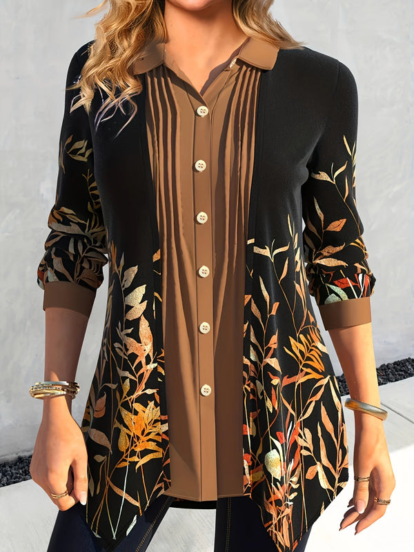 Plus Size Casual Blouse, Women's Plus Colorblock Leaf Print Button Up Long Sleeve Turn Down Collar Blouse