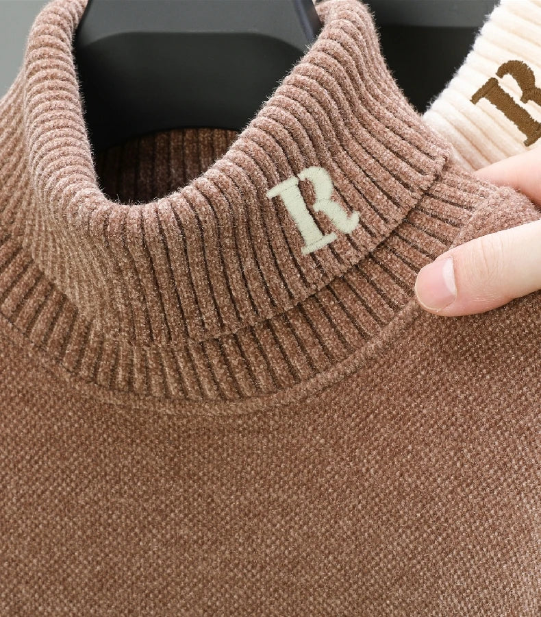 Luxury brand sweater men's high neck designer new trend R embroidery casual Korean top winter plush thick warm knitted pullover