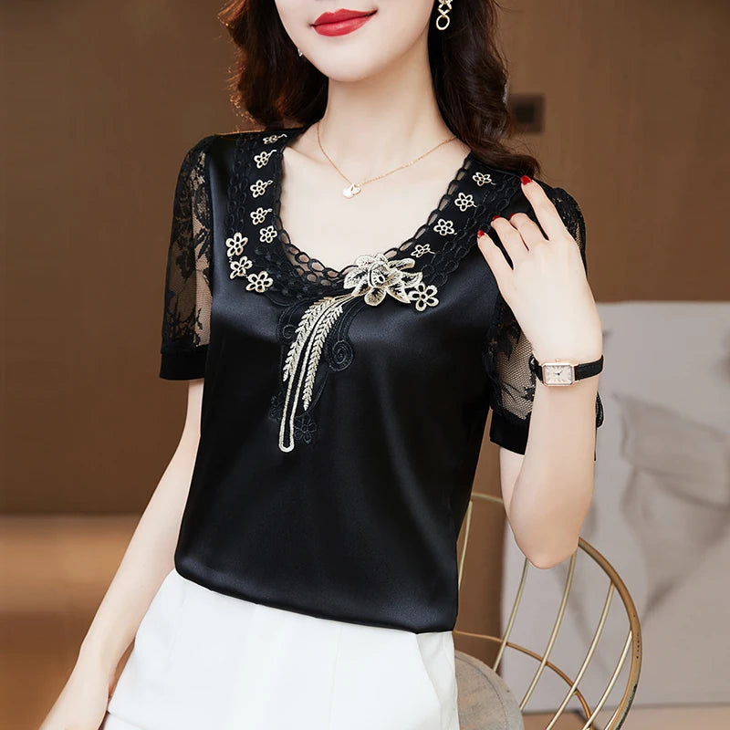 M-4XL Summer Clothing New fashion Satin Lace Tops Short Sleeve embroidery shirt Hollow out Women blouse