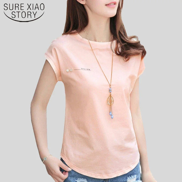 2024 New Summer Fashion Blouses Tops Ladies Solid Short Sleeve Blouse Pink Camisetas Feminina Tops Letter Womens Clothing 2299