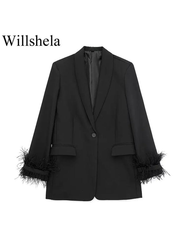 Willshela Women Fashion Satin Black With Feather Blazer Jacket Vintage Notched Neck Single Button Long Sleeves Female Outfits