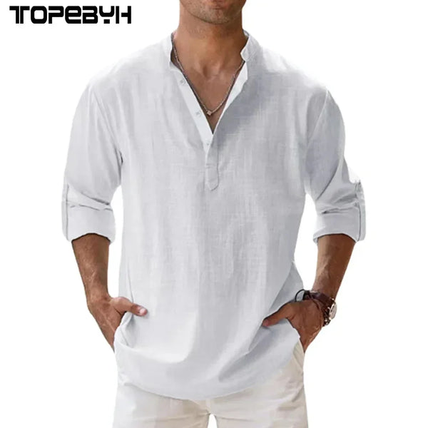 New Cotton Linen Shirts for Men Casual Shirts Lightweight Long Sleeve Henley Beach Shirts Hawaiian T Shirts for Men