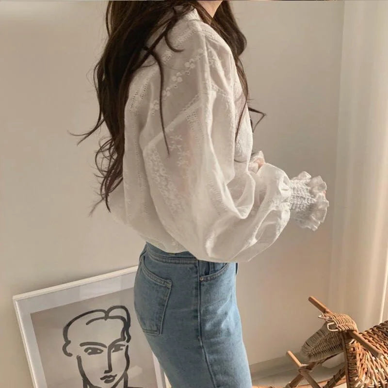 Blouses Women White Lace Lady Clothing Korean Fashion Elegant Hollow Out Teens Casual Simple Lantern Sleeve Solid Ins Design New