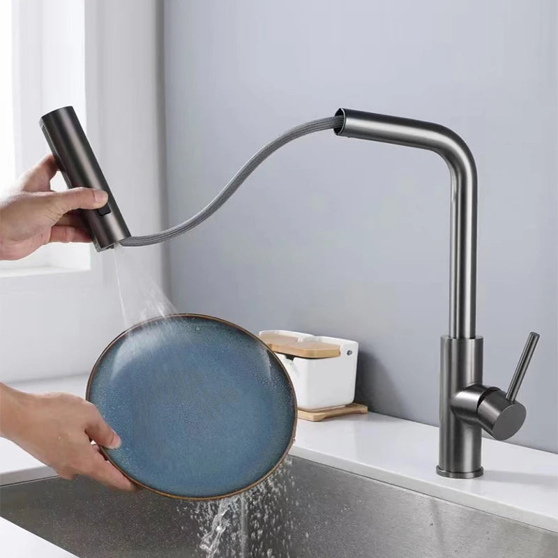 YCRAYS Black Kitchen Faucets Gray Pull Out Rotation Waterfall Stream Sprayer Head Sink Mixer Brushed Nickle Water Tap Accessorie