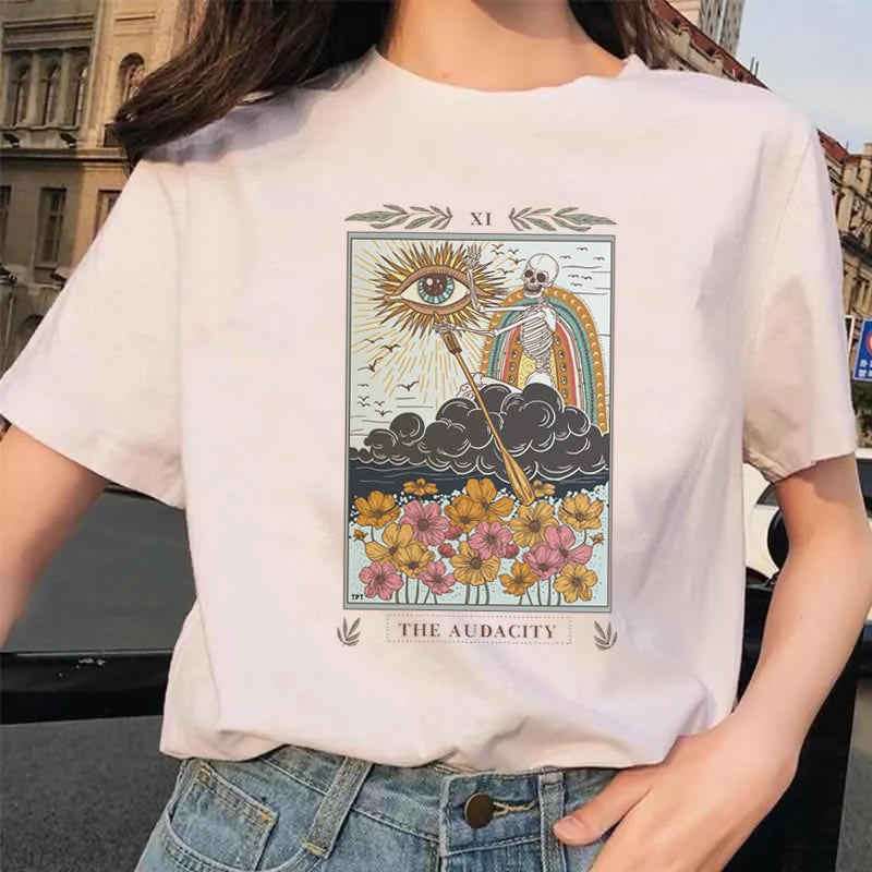 Women's Tarot Card Flower Funny Time Ladies Cartoon Fashion Short Sleeve Summer Printed T-shirt Women's T-shirt Top Pattern.