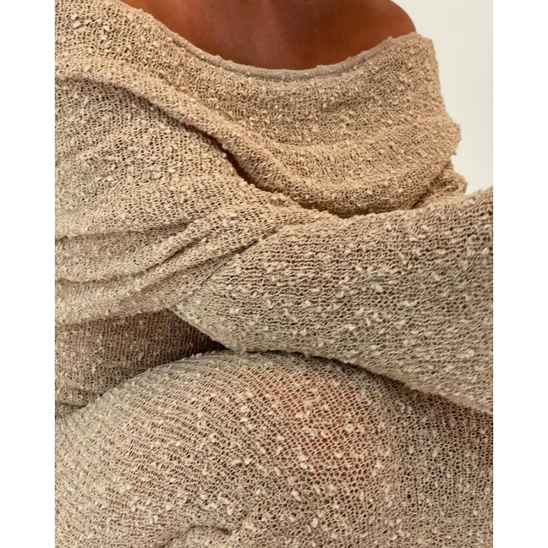 Tossy Knit Hollow Out Off-Shoulder Maxi Dress Female Cover up See-Through Sleeve Holiday Beach Party Dress Women Knitwear Dress