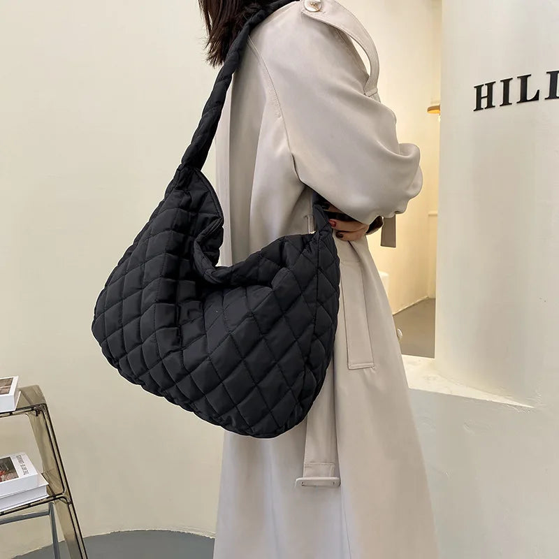 Lattice Pattern Shoulder Bag Space Cotton Handbag Women Large Capacity Tote Bags Feather Padded Ladies Quilted Shopper Bag