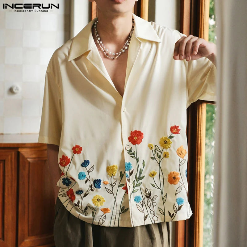 2023 Men Shirt Flower Printing Lapel Short Sleeve Loose Summer Streetwear Men Clothing Korean Style Casual Shirts S-5XL INCERUN