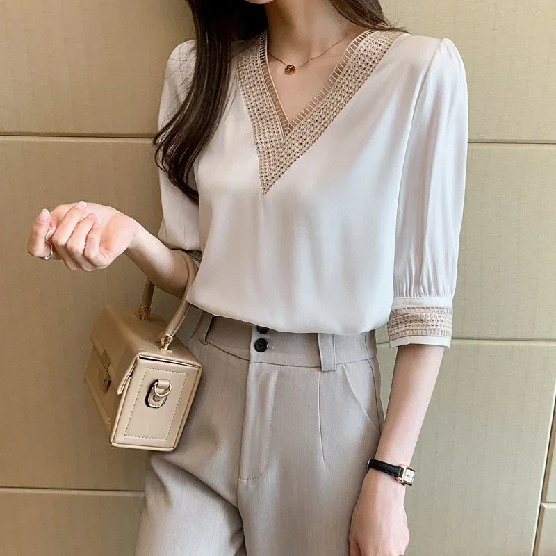 New Fashion White V Neck Chiffon Women Shirts Casual Loose Long Sleeve Women Blouses Tops LooseFemale Clothing Blusas 13366