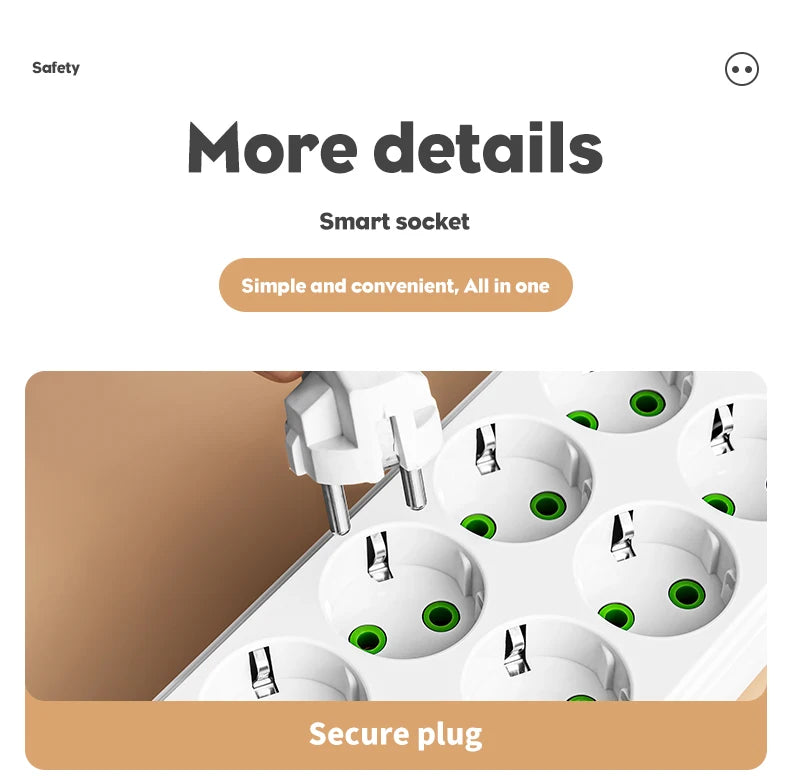 EU Plug AC Outlet Multitap Power Strip 2m Extension Cord Electrical Socket Smart USB Home Office Surge Protector Network Filter