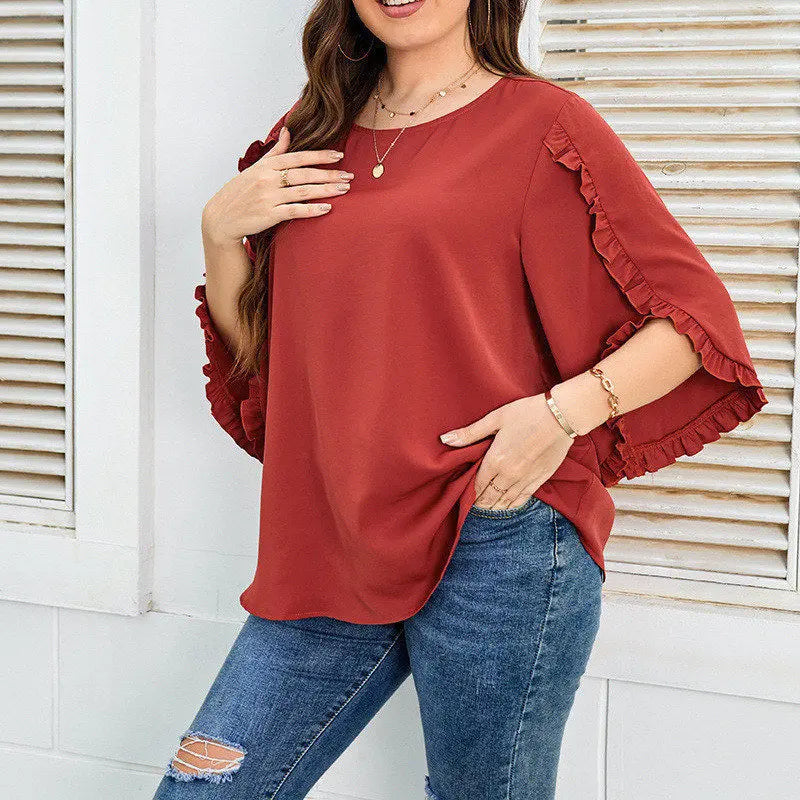 Plus Size Women Clothing Autumn Fashion Ruffled O Neck Half Sleeve Solid Loose Chiffon Shirt Blouse Office Ladies Tunic Tops 4XL