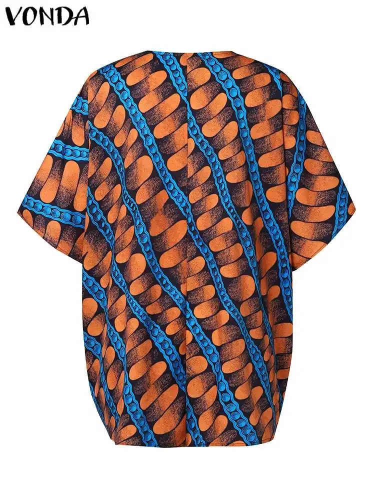 Plus Size VONDA Bohemian Women Vintage Printed Oversized Tops Summer Short Sleeve Shirts Fashion Casual Loose V-Neck Blouses