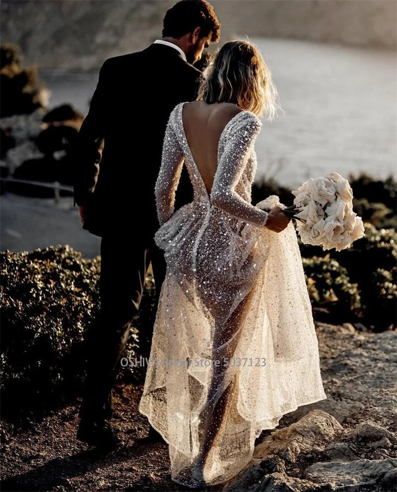 Mordern V- Neck Sequins Wedding Dresses Long Sleeves Floor Length Backless Bridal Gowns Robe De Marié
