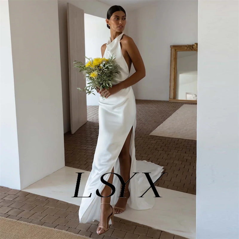 LSYX Halter Sleeveless Simple Mermaid Wedding Dress Satin Open Back High Side Slit Floor Length Bridal Gown Custom Made