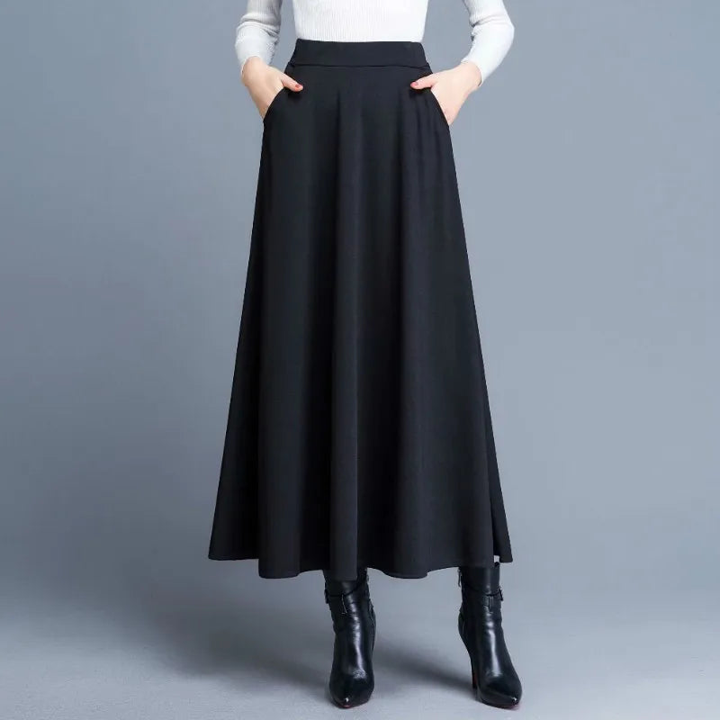 Autumn and Winter Solid Color Woolen Skirt Big Hem A- Line  High Waist Long Women Mujer Faldas Saias Mulher