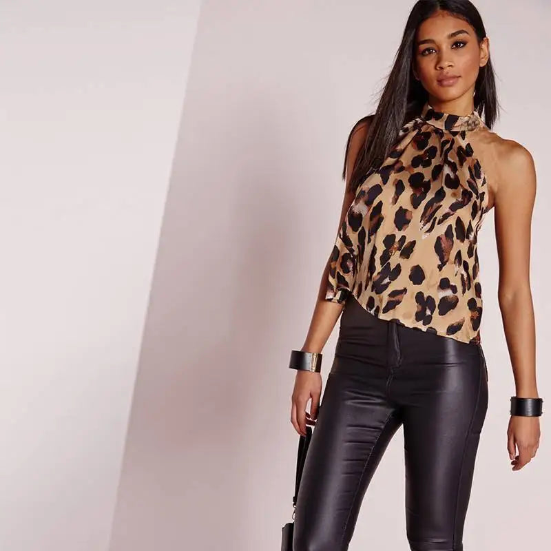 Sexy Off Shoulder Leopard Blouse Chiffon Women Halter Tops Summer 2012 Animal Print Casual Backless Sleeveless Shirts for summer