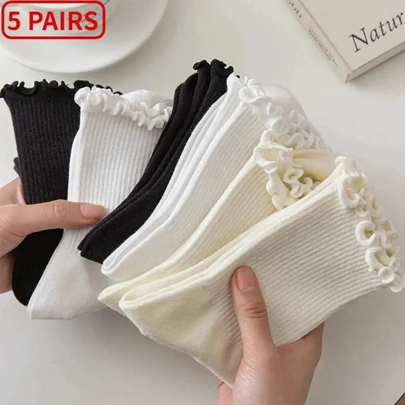 5 Pairs /Lot Socks for Women Ruffle Middle Tube Ankle Short Breathable Black White Set Spring Autumn