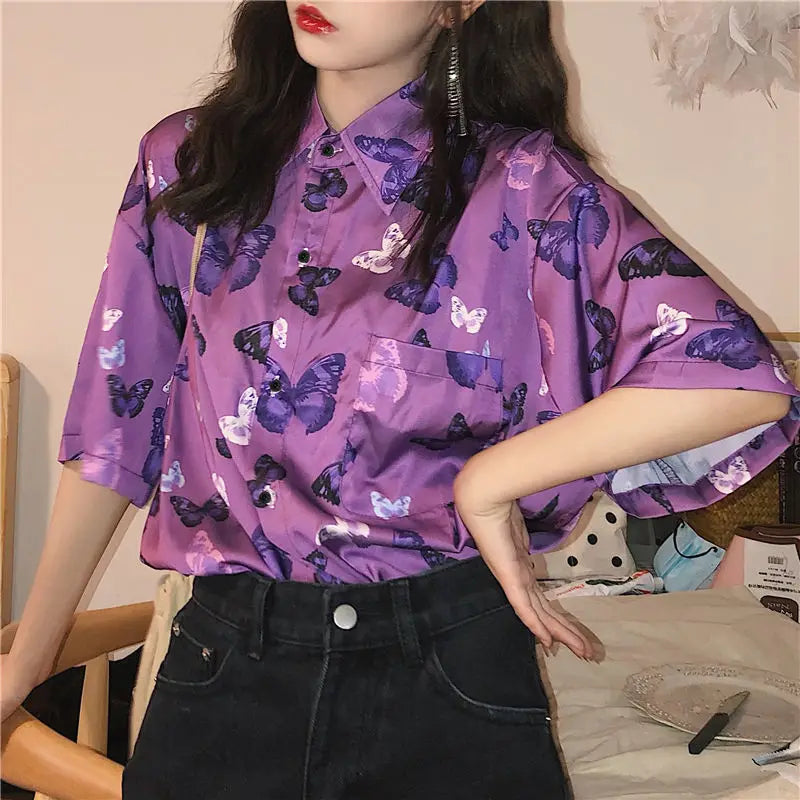Vintage Shirts Women Chic Purple Butterfly-printed Retro Hot Summer High Street Ladies Top Harajuku Design  Schoolgirls