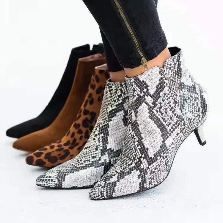 NEW Women's Ankle Boots Leopard Women Pointed Toe Ladies Chunky High heel Female Shoes Woman Footwear Plus Size 35-43 Snake rtg5
