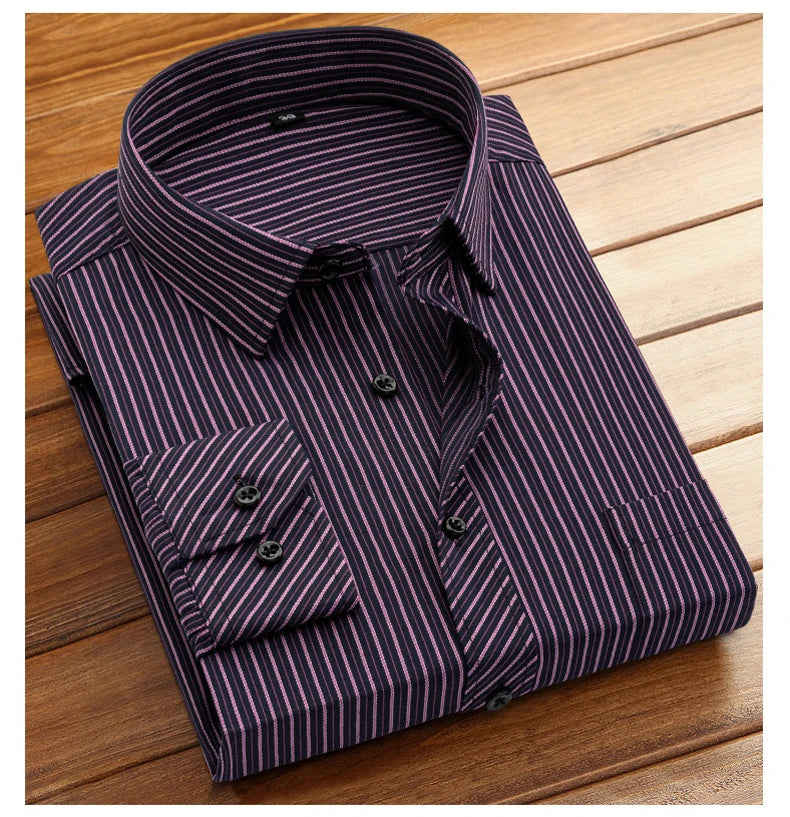 Cotton Men's Classic Long Sleeve Striped Basic Dress Shirts Single Patch Pocket Formal Business Standard-fit Office Social Shirt