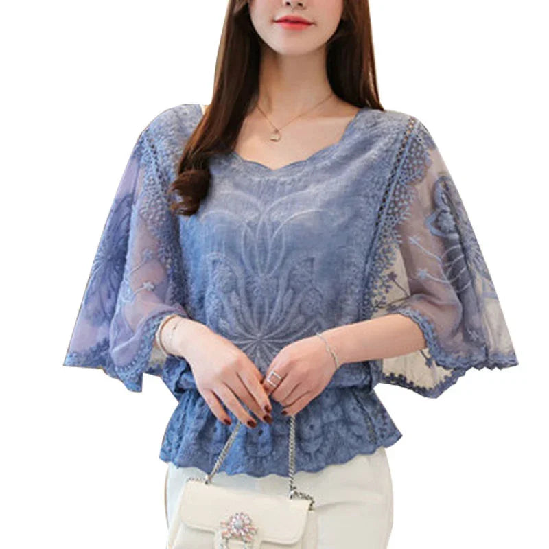 2023 Summer Chiffon Blouse Cotton Lace Blouse Fashion Women Clothes Casual Butterfly Half Sleeve Floral Shirt Sweet Tops 4073 50